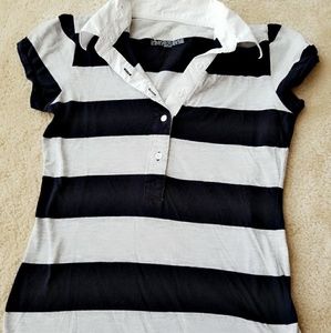 Collared grey and navy blue striped shirt